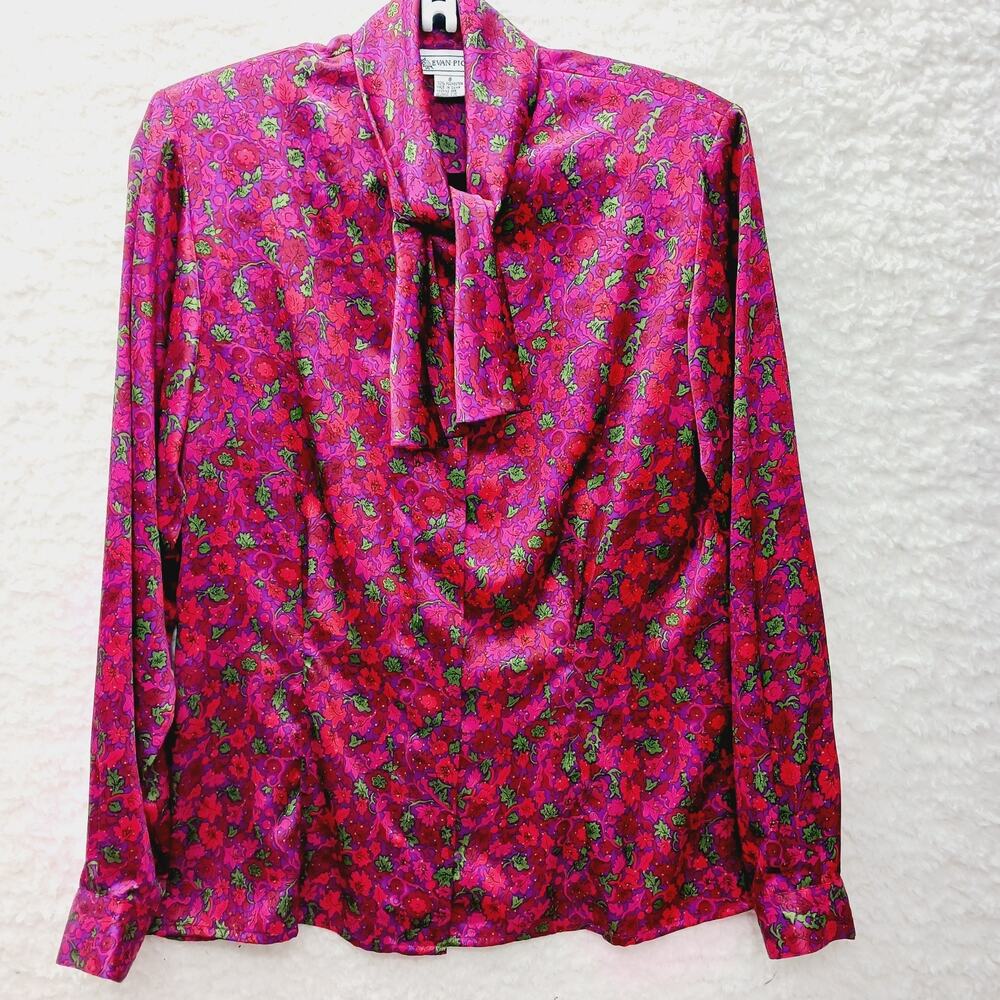 Blouse Picone Red Tie Neck Floral Long Sleeve Office Siren Retro Glam Bold Sz 8